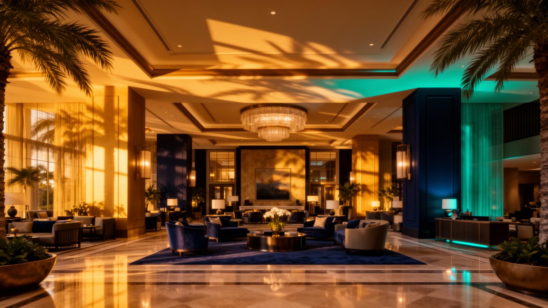 Central Florida resort lobby at golden hour